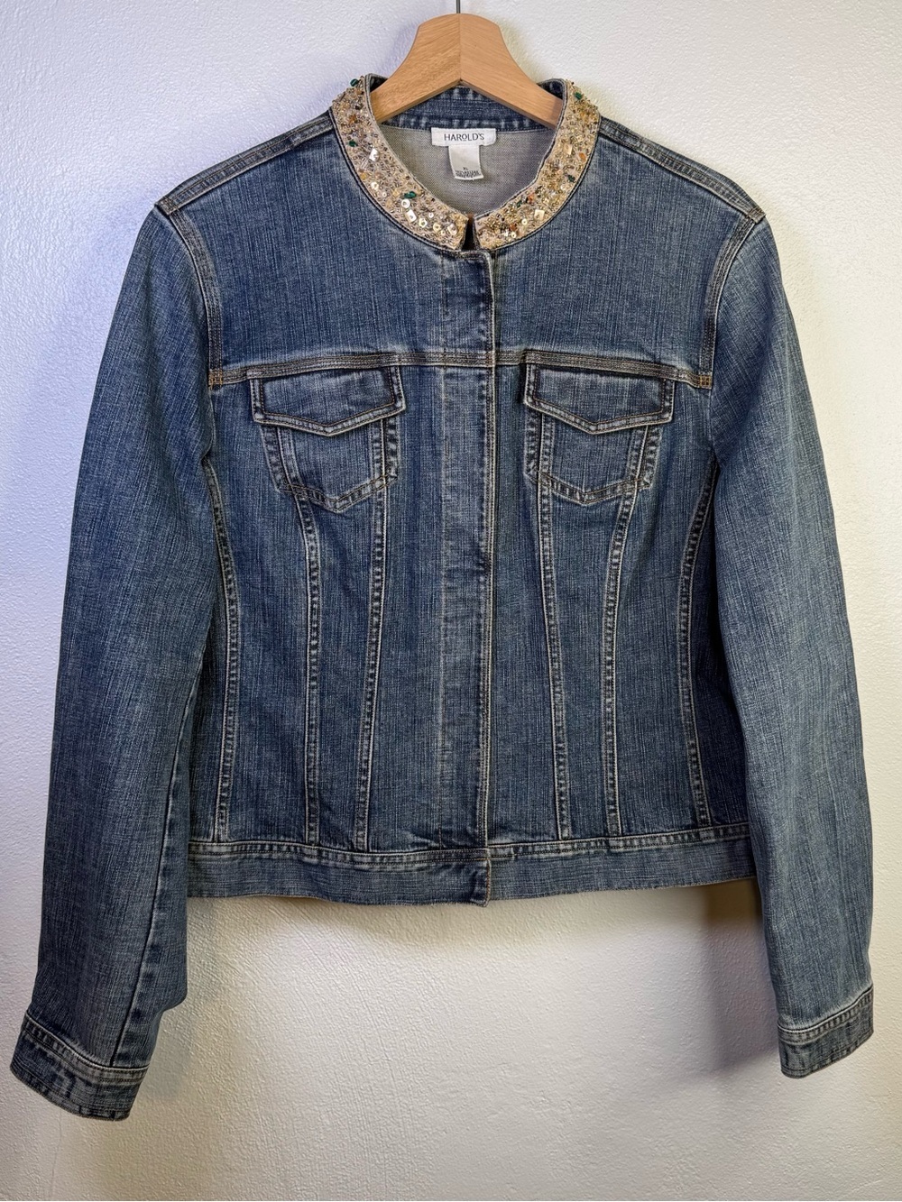 Harold's Blue Y2K Denim Jacket with Gold Bead Embellished Collar Women's Size XL